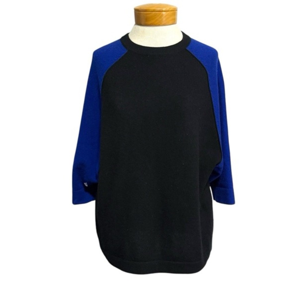 Women's PECK & PECK Black Blue 100% Cashmere 3/4 Sleeve Sweater Size M